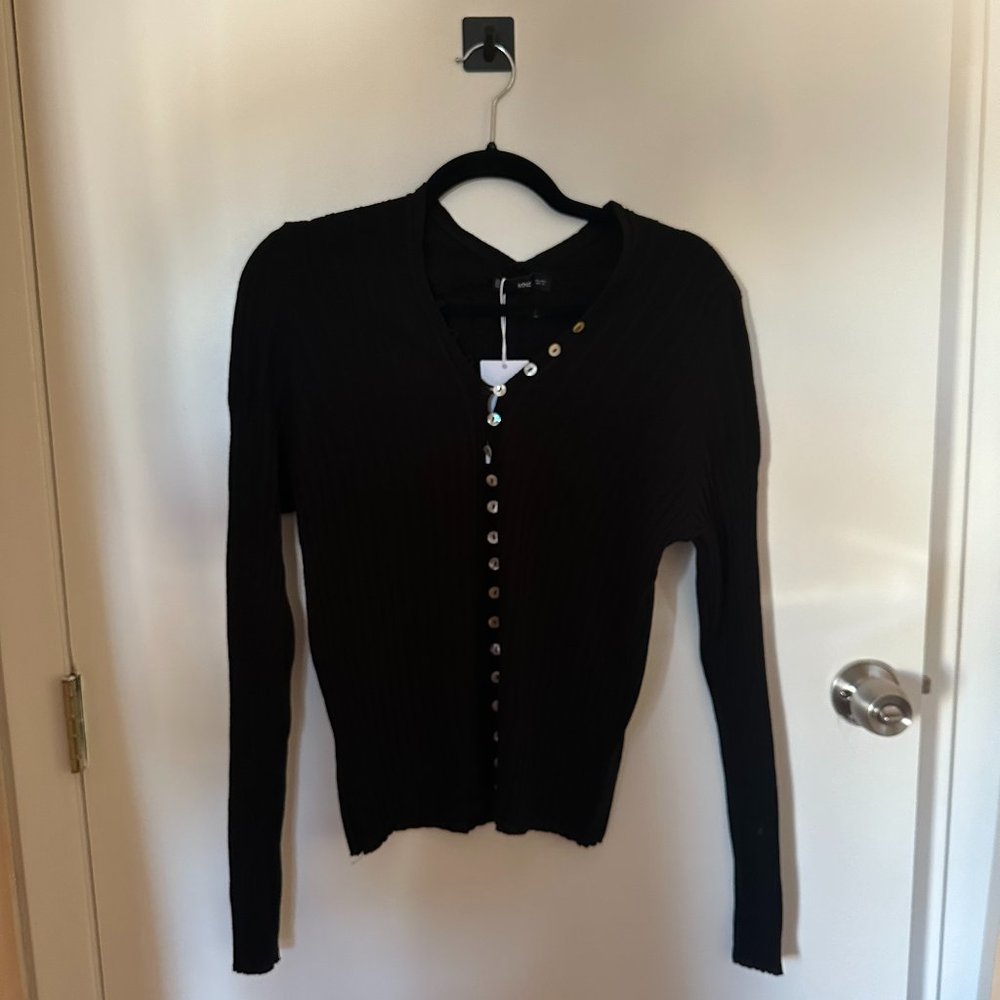 Mango ribbed knit black long sleeve shirt with v-neck and button down